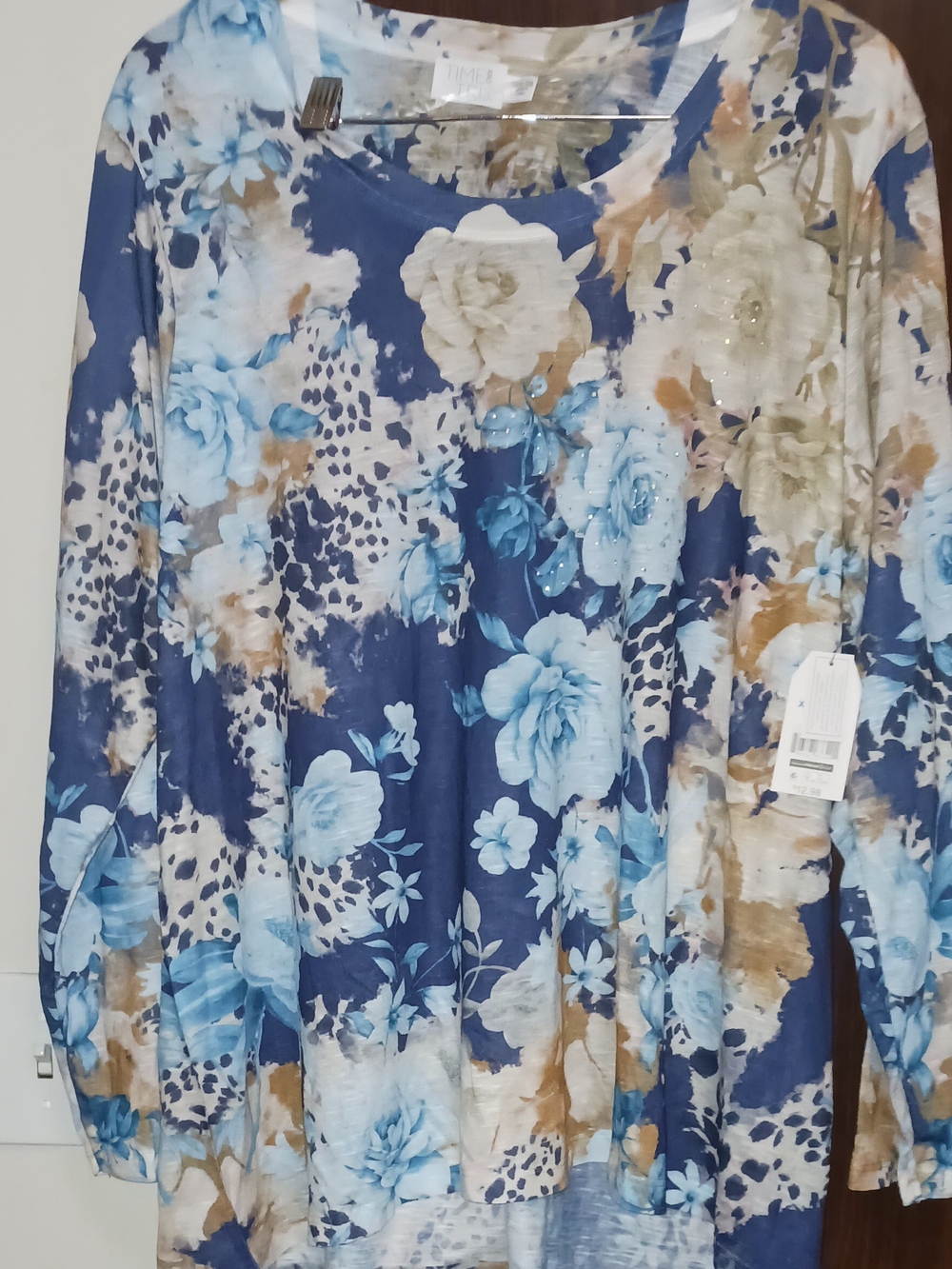Time & TRU Floral Blue & Cream Long Sleeve Tunic SIZE 22